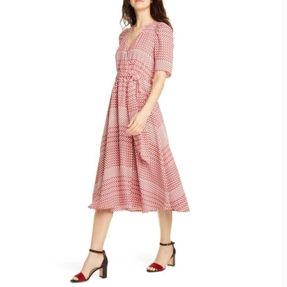 Joie Cata Wrap Dress 10 Midi Red Patchwork Pattern Stripe - Picture 5 of 15